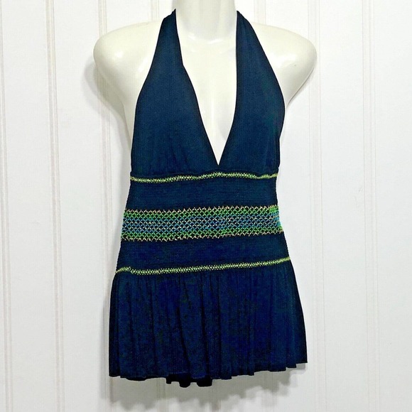 Marciano Boho Halter Top Shirred Plunge V-Neck Black Metallic Medium - Picture 1 of 7